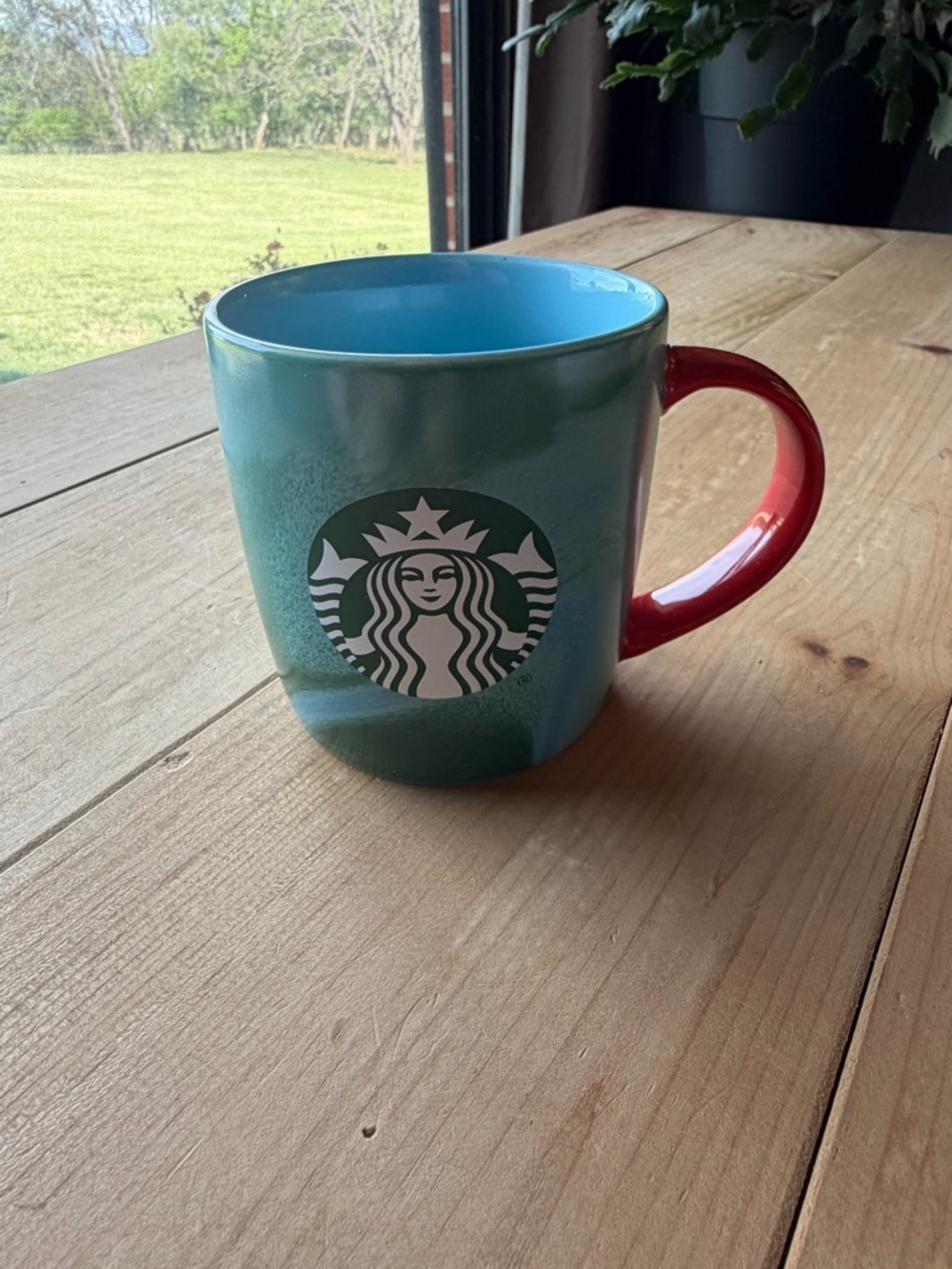 Starbucks Teal Mug with Red Handle and White Rim